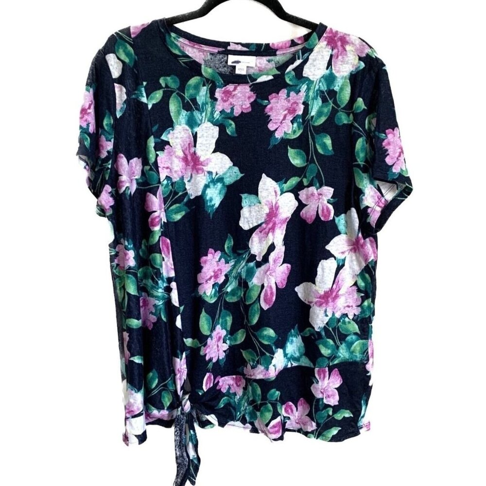 J. Jill Love Linen Blue Tropical Hibiscus Top Size Large Tie Floral Vacation